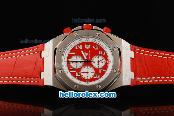 Audemars Piguet Royal Oak Offshore Japanese Miyota Quartz Movement with Red/White Dial and Silver Case-Red Leather Strap - Click Image to Close